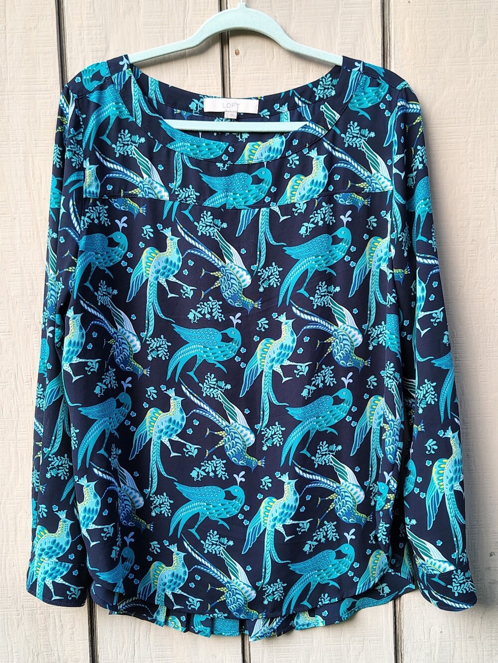 LOFT Peacock Top Large Blue Teal Long Sleeve Pleated Lightweight Flowy Relaxed